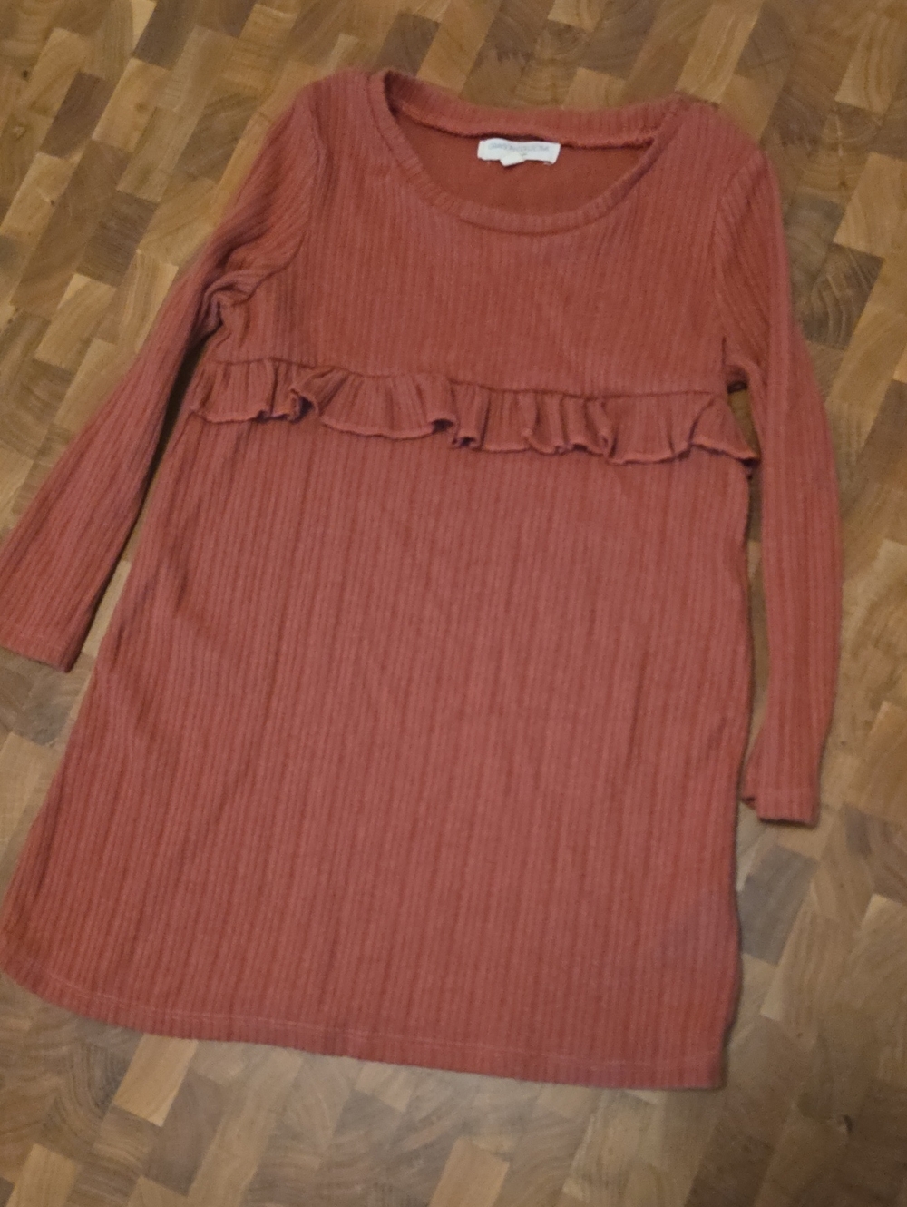Girls' Ribbed Rust Knit Long-Sleeve Dress with Chest Ruffle
